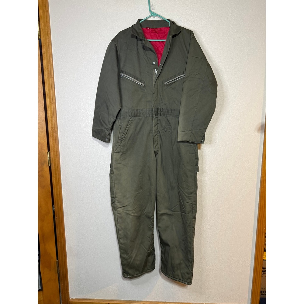 Vintage Insulated Workwear Coveralls Olive Green Quilted Red Lining 42 Short